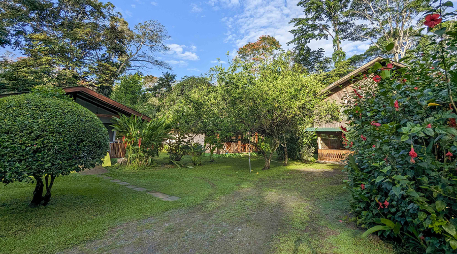 Costa Rica, Province de Limon, Cahuita, Villas Limon Dulce - Cour centrale et vue D, B et C